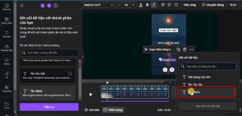 Cuối cùng nhấn chuột phải vào phần tên kênh > Bấm Kết nối dữ liệu > Chọn Tên kênh.