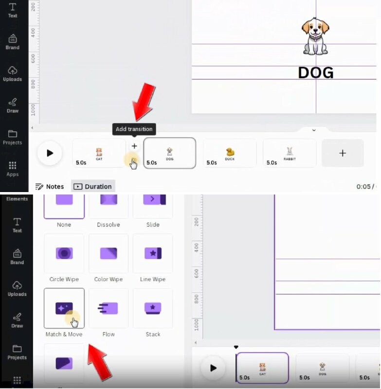 Bước 11: Sau khi xong, sẽ thực hiện thêm hiệu ứng chuyển tiếp Match & Move giữa các trang bằng cách: hãy di chuyển chuột vào giữa 2 trang > Nhấp vào Add Transition > chọn hiệu ứng chuyển động là Match & Move.