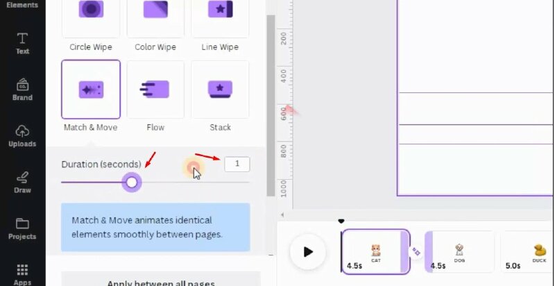 Để chuyển động chậm hơn tại Duration sẽ đặt thành 1 giây.