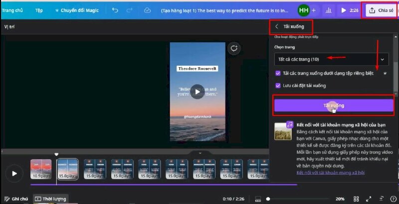 Bước 13: Cuối cùng hãy bấm tải xuống từng video riêng biệt bằng cách bấm vào Chia sẻ >  Tải xuống > Ở chọn trang hãy bấm tích vào Tải các trang xuống dưới dạng tệp riêng biệt để tải xuống 10 video.