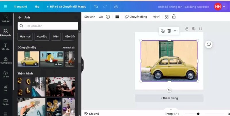Bước 2: Bạn có thể tải ảnh lên hoặc chọn ảnh có sẵn trong thư viện Canva, ở đây mình sẽ chọn ảnh trong thư viện Canva để thêm vào thiết kế bằng cách bấm vào Thành phần > Bấm vào mục Ảnh > chọn tấm ảnh này để đưa vào thiết kế.