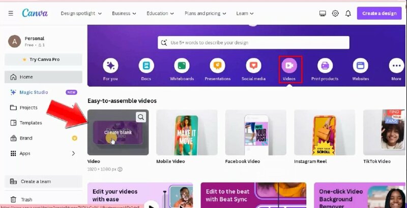 Bước 2: Tại trang chủ Canva bạn hãy nhấn vào Videos > Bấm chọn video > Ngay sau đó Canva sẽ mở trình chỉnh sửa. Và lúc này bạn sẽ thực hiện thêm các thành phần mà bạn muốn tạo hiệu ứng vuốt chuyển động trong video.