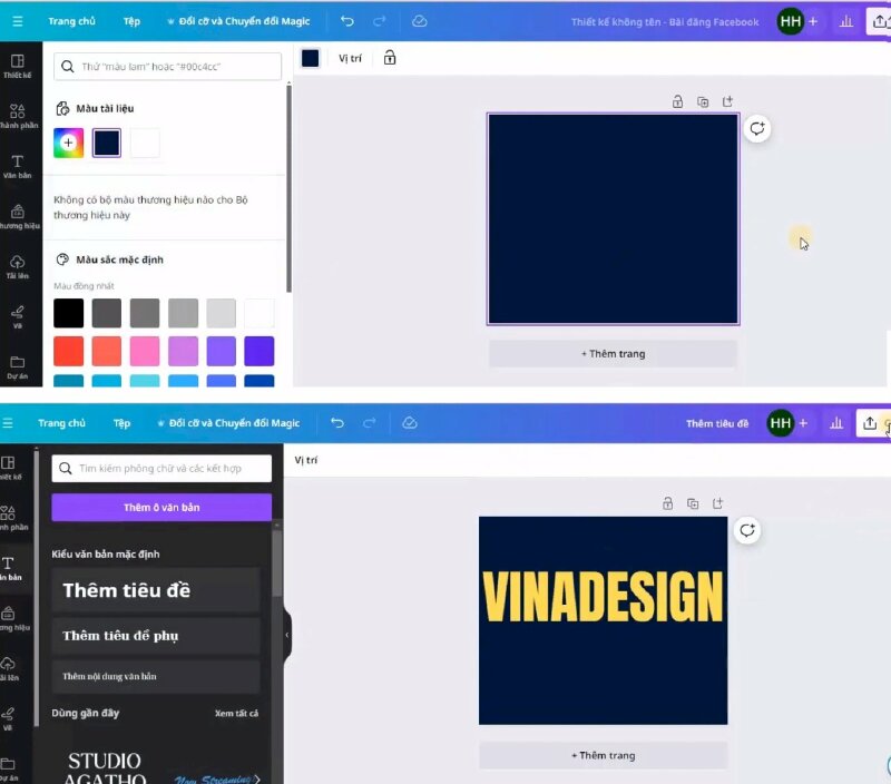 Bước 2: Thực hiện chọn màu nền cho thiết kế > Tiếp theo là gõ chữ cần tạo hiệu ứng lật chữ ngược mờ dần trong Canva bằng cách bấm vào Văn bản > chọn Thêm tiêu đề và nhập chữ vào.