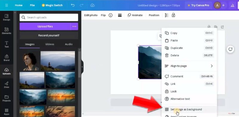 Bước 2: Thực hiện thêm tấm ảnh mà bạn muốn tạo hiệu ứng kính mờ vào thiết kế > Nhấp chuột phải vào hình ảnh > Chọn Set image as background.