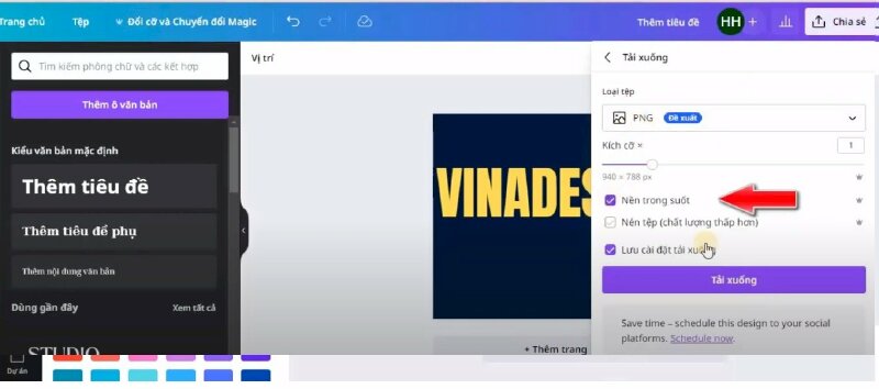 Bước 3: Tiếp theo chúng ta sẽ thực hiện tải chữ về dưới dạng PNG trong suốt bằng cách bấm vào Chia sẻ > Tải xuống > Chọn loại tệp là PNG và tích chọn vào Nền trong suốt.