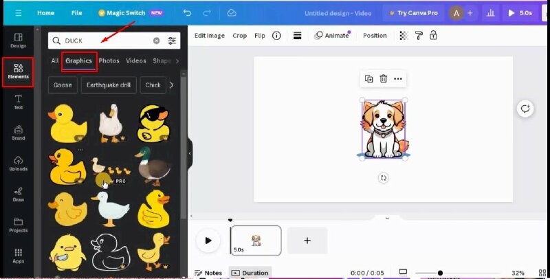 Bước 3: Trong hướng dẫn này chúng ta sẽ thêm hình các con vật. Để thêm hãy nhấn vào Elements > Bấm vào thanh tìm kiếm và nhập để tìm rồi bấm chọn thêm lần lượt 