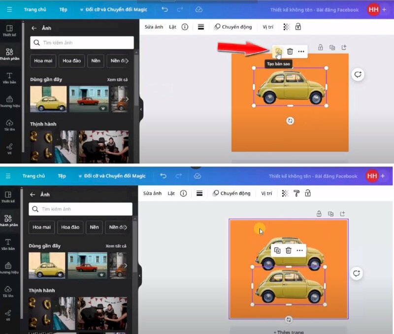 Bước 4: Sau khi xóa nền thành công chúng ta sẽ di chuyển ảnh qua giữa, kéo lên trên 1 xíu > Tiếp theo là hãy nhân đôi ảnh lên > rồi tiến hành kéo tấm ảnh thứ 2 xuống phía dưới và thực hiện canh giữa tấm ảnh thứ 2 sao cho đều với tấm đầu.