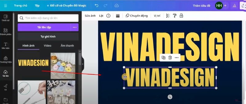 Bước 4: Sau khi tải về hãy bấm vào Tải lên > Chọn tải lên tệp để tải chữ lên > Bấm thêm chữ vừa tải lên thêm vào thiết kế và thực hiện kéo điều chỉnh kích thước cho nó nhỏ lại vừa với chữ. 