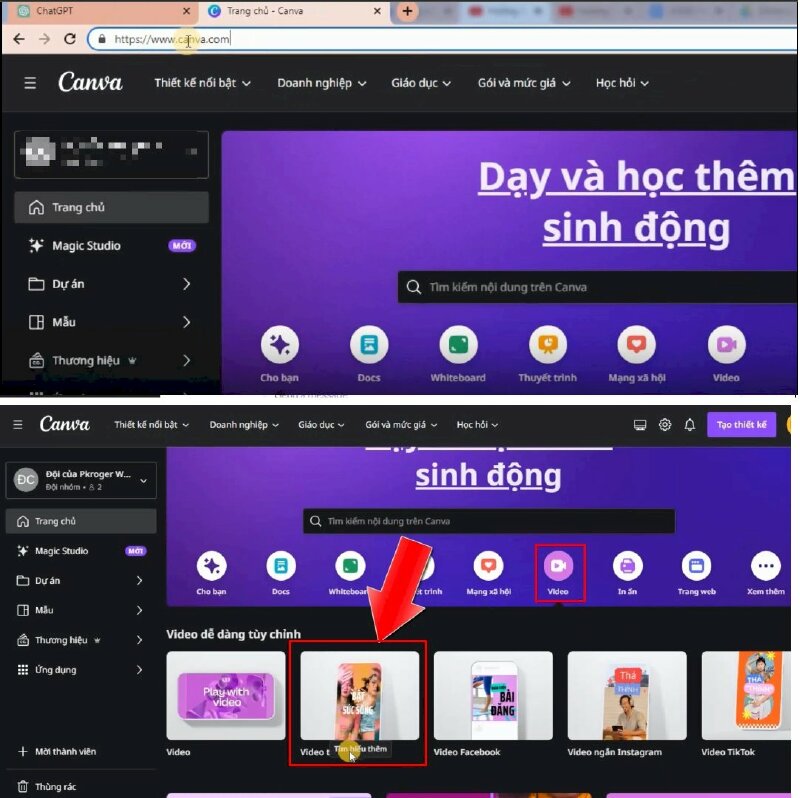 Bước 4: Truy cập vào Canva và đăng nhập vào tài khoản Canva của bạn. Tại trang chủ Canva bạn hãy nhấn vào Video > Bấm chọn video trên di động > Ngay sau đó Canva sẽ mở trình chỉnh sửa.