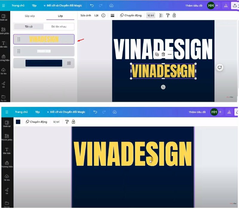 Bước 5: Tiếp đến đổi chữ trên này thành màu trắng >  Rồi thực hiện di chuyển lớp chữ dưới nằm trên bằng cách bấm vào Vị trí > chọn lớp > Kéo lớp chữ mới thêm vào lên trên > Và thực hiện kéo chữ sao cho bằng với chữ góc phía dưới. 