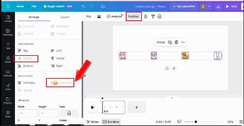 Bước 5: Tiếp đến kéo chọn tất cả các phần tử > bấm vào Position và chọn vào Horizontally và Middle để đặt chúng cách đều nhau theo chiều ngang.