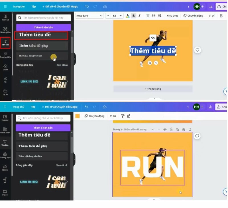 Bước 5: Chúng ta sẽ thực hiện thêm chữ bằng cách bấm vào Văn bản > Chọn Thêm tiêu đề > Nhập chữ RUN vào > Chọn màu chữ là màu trắng >  Sau đó thực hiện chọn font chữ và tùy chỉnh kích thước cho phù hợp.