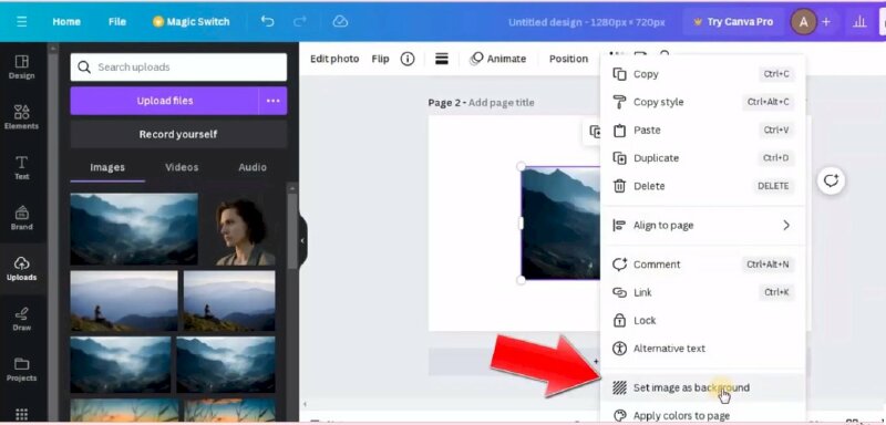 Bước 5: Tại một thiết kế trống bạn hãy thực hiện thêm tấm ảnh muốn tạo hiệu ứng kính mờ vào thiết kế > nhấp chuột phải vào hình ảnh > Chọn Set image as background. 