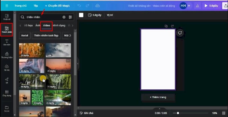 Bước 5: Bạn hãy vào mục Thành phần, tại phần tìm kiếm bạn hãy gõ tìm nội dung liên quan đến thiên nhiên, phong cảnh > Tiếp theo bấm qua mục video.