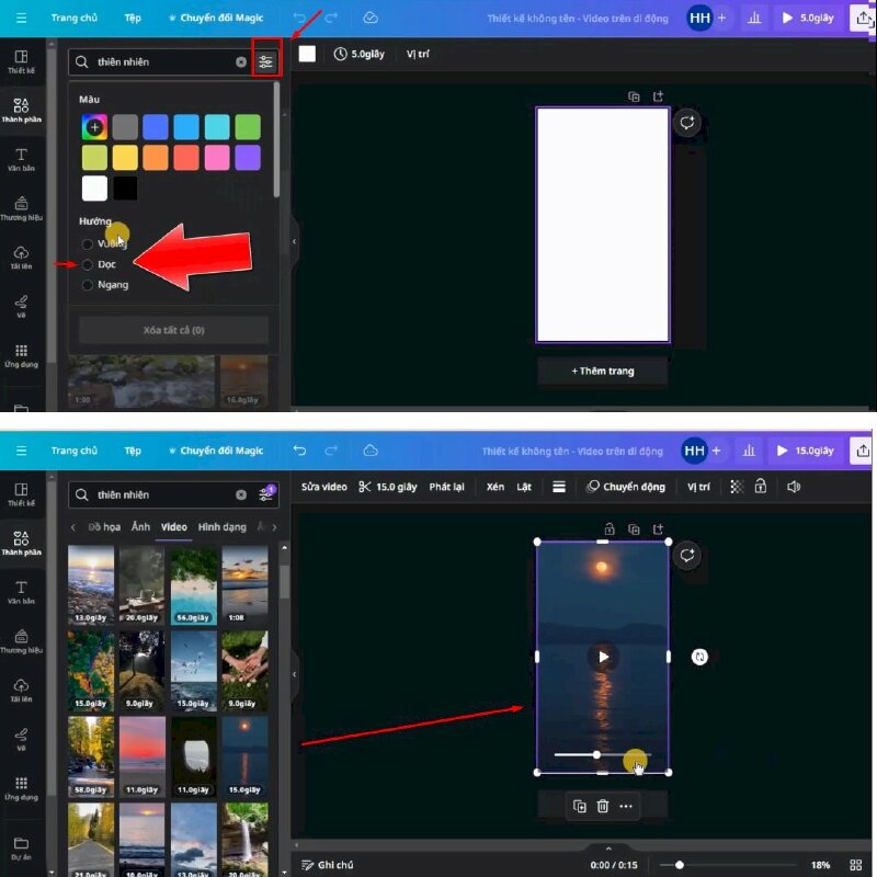 Bước 6: Ở đây sẽ có những video về thiên nhiên tuy nhiên nó đang ở cột nằm ngang, do đó sẽ vào đổi cỡ video sang nằm dọc để phù hợp với màn hình điện thoại > Lựa chọn và sử dụng những video phù hợp để làm video nền.