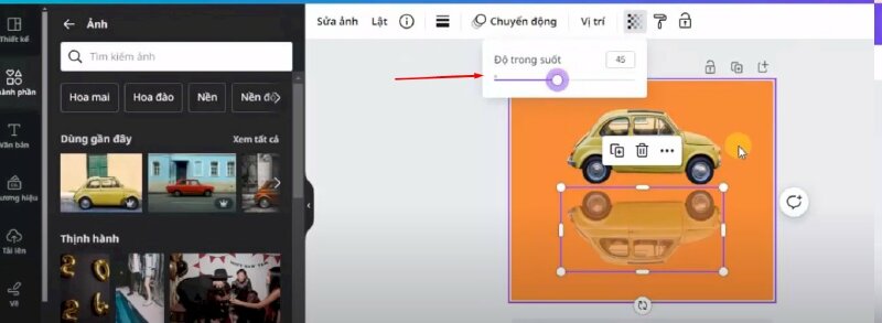 Bước 6: Tại tấm ảnh ở dưới, chúng ta sẽ cho nó có độ trong suốt khoảng cỡ 45%.