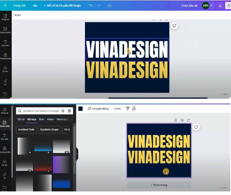 Bước 6: Kéo chữ xuống bằng cách hãy giữ phím shift trên bàn phím và bấm mũi tên xuống để kéo xuống 10 pixels 1 lần > Rồi hãy thực hiện đổi chữ màu trắng thành màu vàng.