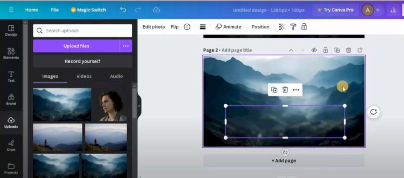 Bước 6: Sau đó bấm chọn vào tấm ảnh đã được làm mờ thêm vào thiết kế, thực hiện kéo to căn chỉnh cho đúng với tấm ảnh nền. Sau đó di chuột vào các cạnh để thực hiện cắt ảnh nhỏ lại. 