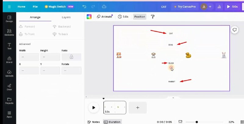 Bước 6: Tiếp theo sẽ thực hiện thêm tên của các loại động vật trên. Hãy bấm phím T để thêm văn bản > nhập lần lượt tên các con vật theo thứ tự > kéo chúng nhỏ xuống và đặt chúng cách xa nhau. 