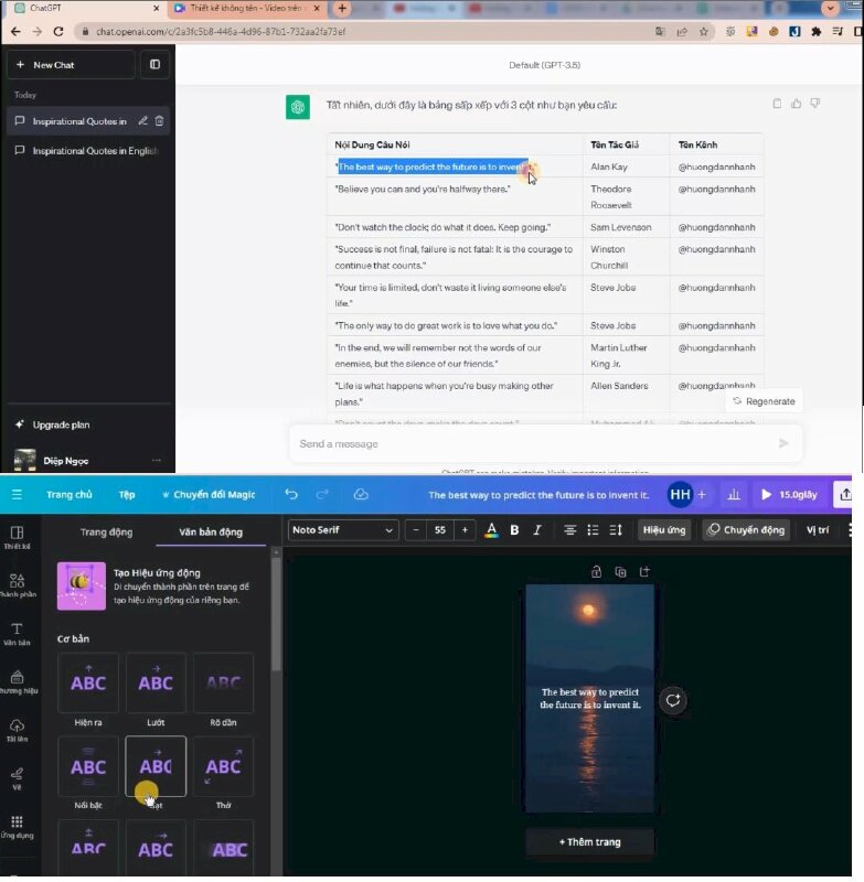 Bước 7: Tiếp đến chúng ta sẽ copy nội dung câu nói bên Chat GPT vào Canva và thực hiện điều chỉnh kích thước chữ, font chữ, hoặc thêm hiệu ứng chữ vào sao cho cho phù hợp với video.