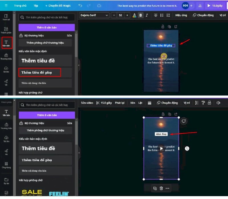Sau đó sẽ bấm vào mục văn bản bấm vào thêm tiêu đề phụ để thêm tên tác giả vào video và thực hiện chỉnh sửa thêm hiệu ứng cho chữ.