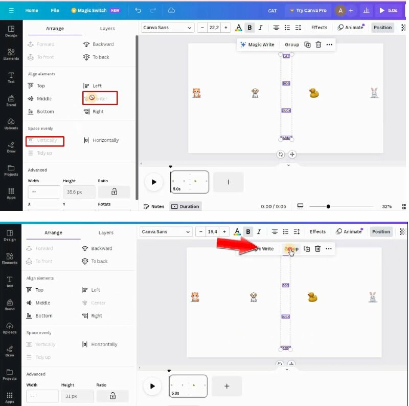 Bước 7: Tiếp đến kéo chọn văn bản > bấm vào Position và chọn vào Vertically và Center để đặt chúng cách đều nhau theo chiều dọc. Và thực hiện nhóm chúng lại.
