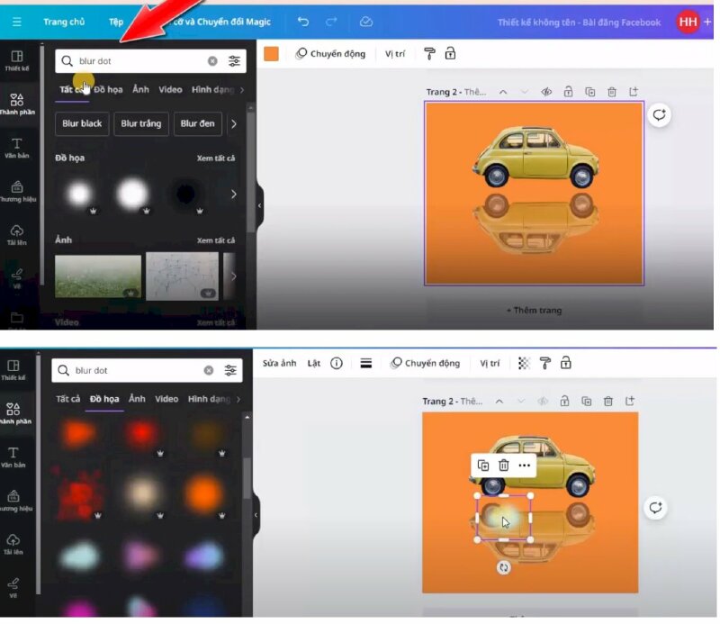 Bước 7: Để thêm hiệu ứng ánh sáng mờ > thì hãy vào thành phần và tìm từ khóa blur dot > bấm qua mục Đồ họa > rồi chọn mẫu mà bạn thấy phù hợp.