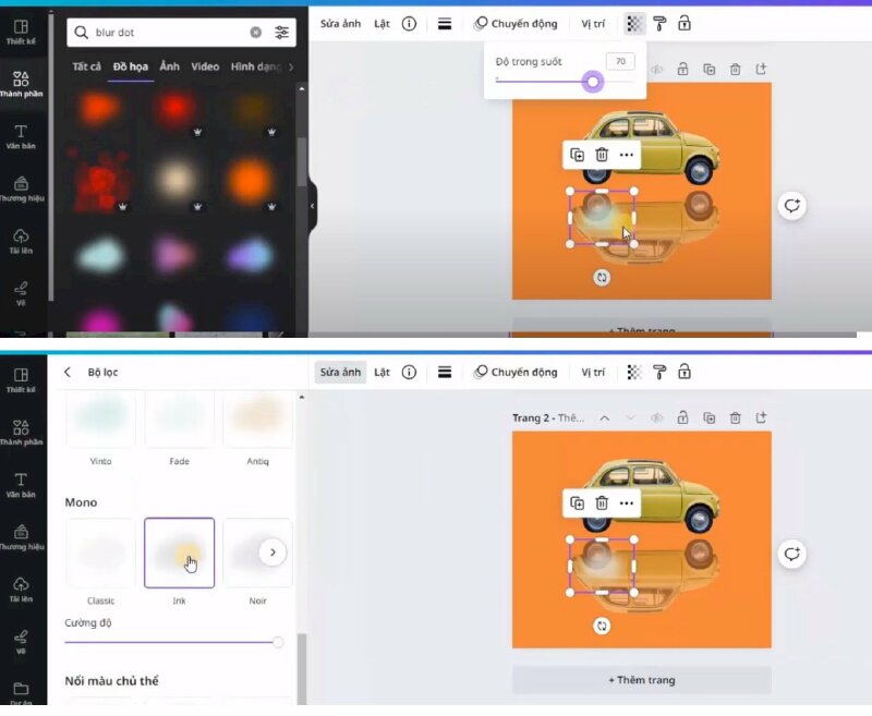 Bước 8: Điều chỉnh kích thước blur dot cho phù hợp > Rồi thực hiện điều chỉnh độ trong suốt khoảng cỡ 70% > tiếp đến các bạn vào Sửa ảnh > kéo xuống mục bộ lọc > bấm vào xem tất cả > rồi chọn màu bộ lọc này. 