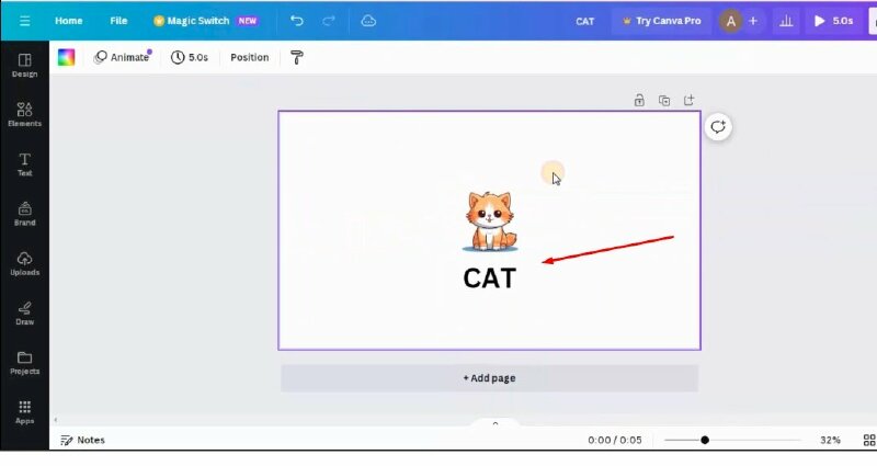 Bước 8: Hãy phóng to văn bản lên đặt sao cho nó hiển thị một tên trên trang > Hãy bắt đầu với con mèo, hãy kéo hình ảnh con mèo vào giữa trang.