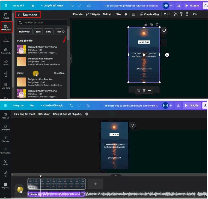 Bước 8: Sau khi chỉnh xong phần nội dung chúng ta sẽ thực hiện thêm âm thanh cho video, ở đây mình sẽ chọn âm thanh có sẵn trên Canva và bấm thêm vào video, và thực hiện điều chỉnh hiệu ứng âm thanh.