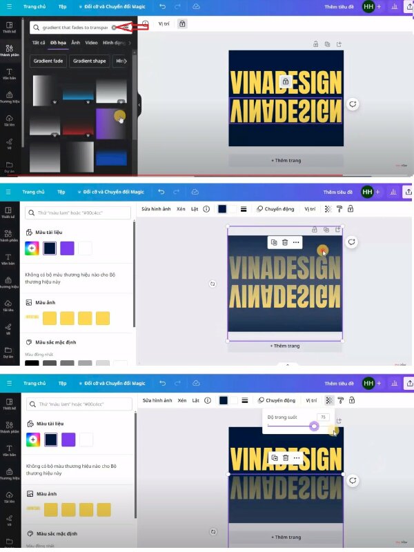 Tiếp đến hãy vào Thành phần > và tìm "gradient that fades to transparency" > Bấm qua mục đồ họa và chọn mẫu mà bạn thấy phù hợp > Sau đó hãy đổi màu trùng với màu nền và xoay ngược lại > Rồi hãy kéo cho nó to ra và thực hiện nắm kéo xuống chữ đảo ngược bên dưới để tạo hiệu ứng mờ dần. Các bạn hãy thực hiện chỉnh độ trong suốt của thành phần này xuống khoảng 75. 