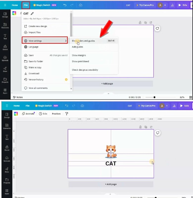 Bước 9: Chúng ta sẽ bật thước kẻ và đường dẫn để giúp căn chỉnh thiết kế chính xác. Để thực hiện hãy bấm vào file > Bấm vào View settings >  Chọn Show ruler and guides. Thực hiện thêm đường dẫn vào bằng cách đặt chuột vào thước và kéo đường dẫn từ thước kẻ phía trên hoặc bên trái vào thiết kế. 