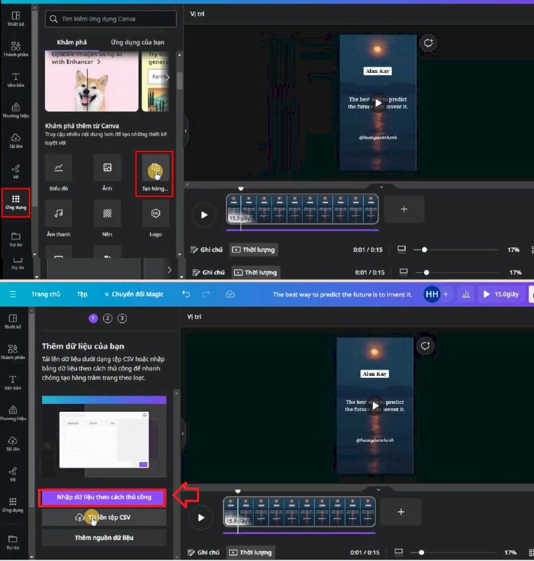 Bước 9: Cuối cùng chúng ta sẽ thực hiện tạo video hàng loạt dựa vào bảng dữ liệu từ Chat GPT bằng cách vào phần Ứng dụng trong Canva > Kéo đến phần Tạo hàng, ở đây bạn có thể tải tệp lên hoặc nhập dữ liệu theo cách thủ công, thì chúng ta sẽ chọn nhập dữ liệu theo cách thủ công.