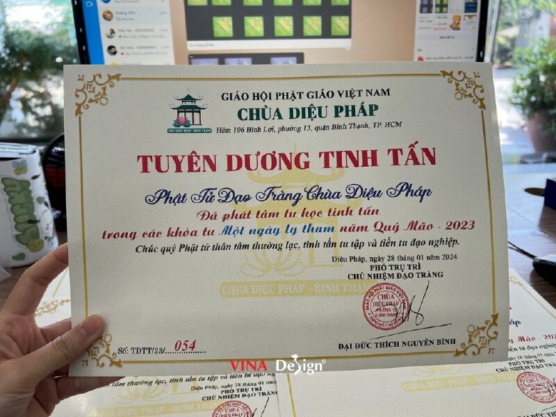 In giấy khen biểu dương, tuyên dương tinh tấn Phật tử Đạo Tràng - VND495