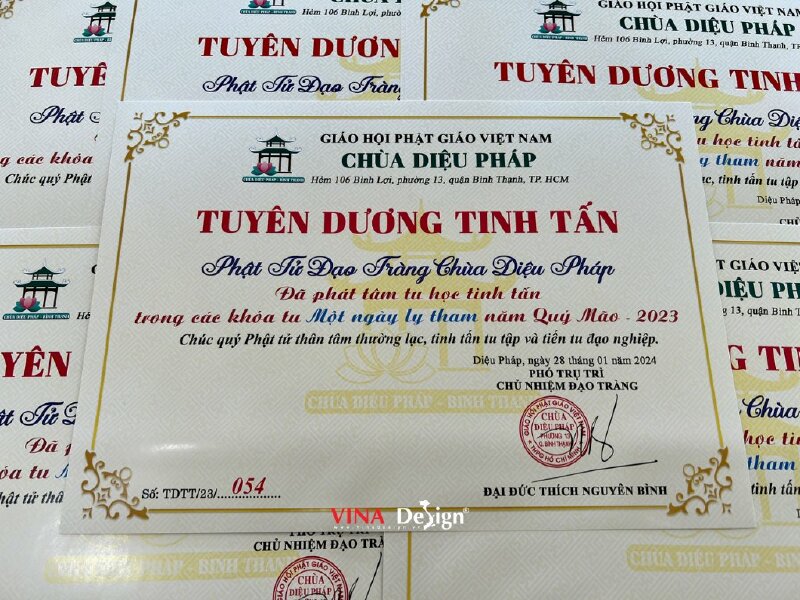 In giấy khen biểu dương, tuyên dương tinh tấn Phật tử Đạo Tràng - VND495