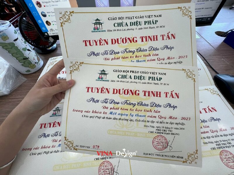 In giấy khen biểu dương, tuyên dương tinh tấn Phật tử Đạo Tràng - VND495