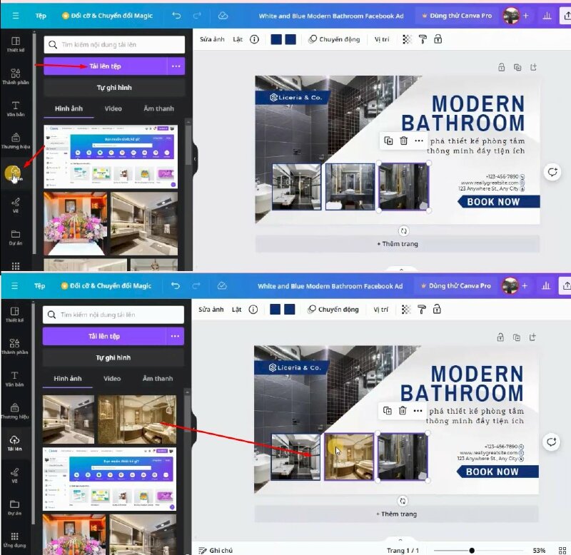 Để thay đổi các hình ảnh trong thiết kế thì bạn hãy vào tải lên > bấm vào tải lên tệp > chọn ảnh tải lên. Để thêm ảnh tải lên vào thiết kế hãy nhấn giữ chuột vào tấm ảnh vừa tải lên và kéo thả vào vị trị muốn thay đổi ảnh.  