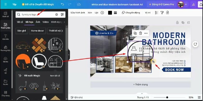 Ngoài ra bạn cũng có thể gõ từ khóa tìm kiếm tại mục Thành phần và chọn mẫu phù hợp để thêm vào thiết kế. Bạn có thể thay đổi kích thước bằng cách di chuột vào một trong bốn góc của rồi kéo vào để thu nhỏ và kéo ra để phóng lớn hơn.