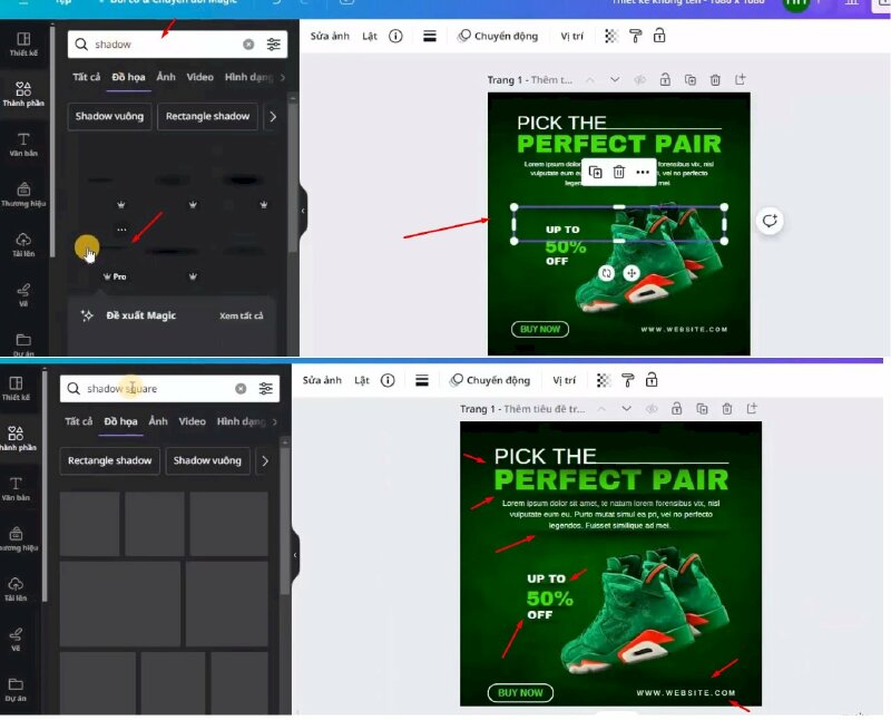 Bước 10: Sau đó hãy vào Thành phần và tìm từ khóa "shadow" > Bấm qua mục đồ họa > Chọn mẫu "border shadow horizontal" để thêm vào thiết kế > Thực hiện điều chỉnh và di chuyển đến các vị trí như sau. 