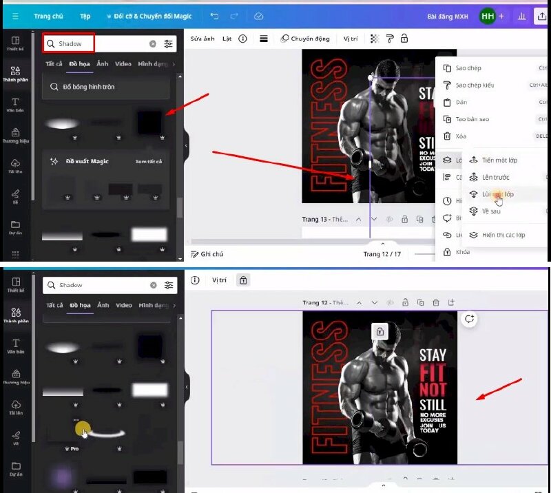 Bước 10: Sau đó vào đây và gõ tìm từ khóa "Shadow" > Bấm qua mục Đồ họa > Chọn mẫu "Realistic shadow effect for design" thêm vào thiết kế và thực hiện điều chỉnh.