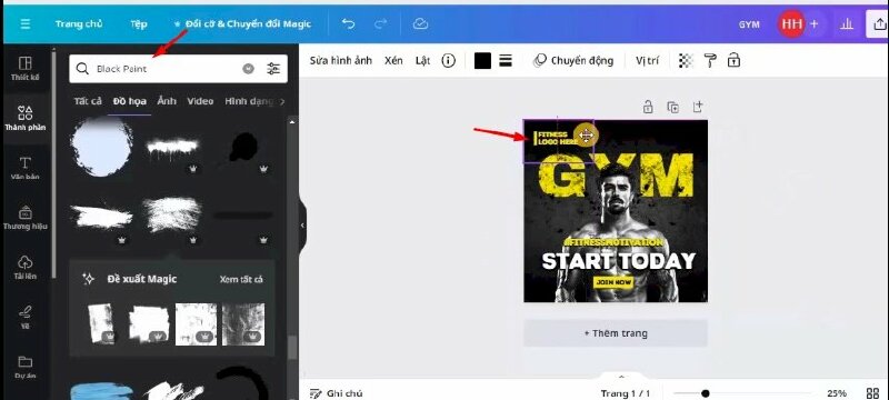 Bước 11: Tiếp đến hãy vào Thành phần và tìm kiếm từ khóa "Black Paint" > Bấm qua mục Đồ họa > Chọn mẫu để thêm vào thiết kế > kéo điều chỉnh và di chuyển nó lên rồi bấm lùi về phía sau.