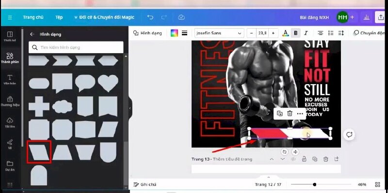 Bước 11: Tiếp đến hãy vào thành phần > Bấm vào Hình dạng > Bấm thêm hình vào thiết kế > Thực hiện đổi màu  > Kéo điều chỉnh và di chuyển xuống vị trí này > Bấm nhân đôi lên, thực hiện đổi màu và kéo điều chỉnh kích thước.