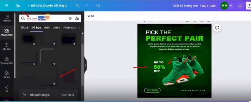 Bước 11: Tiếp đến vào hãy tìm từ khóa "shadow square" > Chọn mẫu thêm vào thiết kế > Thực hiện kéo điều chỉnh cho phù hợp và chỉnh độ trong suốt còn 67.