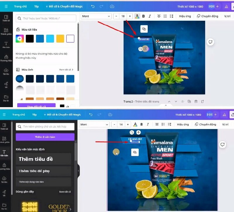 Bước 11: Tiếp đến bấm vào Văn bản > Chọn Thêm nội dung văn bản > Nhập nội dung vào, di chuyển vị trí và thực hiện điều chỉnh phông chữ, kích thước, đổi màu chữ. Sau đó bấm Tạo bản sao > đổi nội dung, phông chữ và di chuyển đến đây.