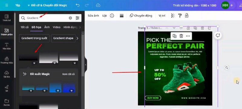 Bước 12: Bây giờ hãy tìm từ khóa "Gradient" > Chọn "Black Gradient Background " để thêm vào thiết kế > Thực hiện điều chỉnh.