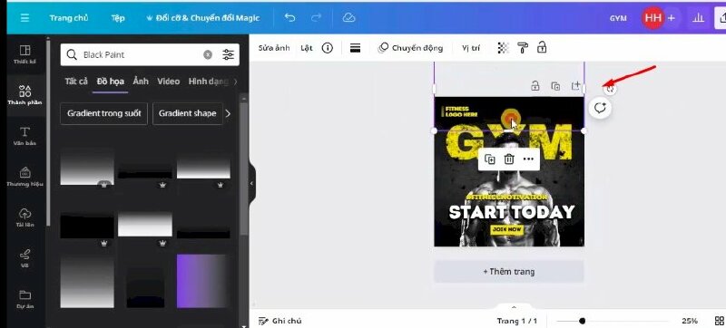 Bước 14: Vào Thành phần và tìm kiếm từ khóa "gradient" > Bấm qua mục Đồ họa > Chọn mẫu này để thêm vào thiết kế > Xoay ngược lại, kéo lên trên và thực hiện điều chỉnh sao cho phù hợp > Xong hãy bấm lùi về phía sau.