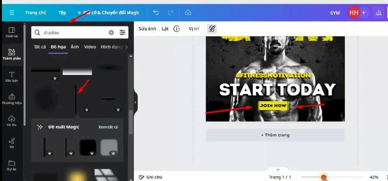 Bước 15: Cuối cùng hãy tìm kiếm từ khóa "shadow" > Chọn mẫu này để thêm vào thiết kế > Kéo thu nhỏ lại, di chuyển xuống đây và thực hiện điều chỉnh cho phù hợp.