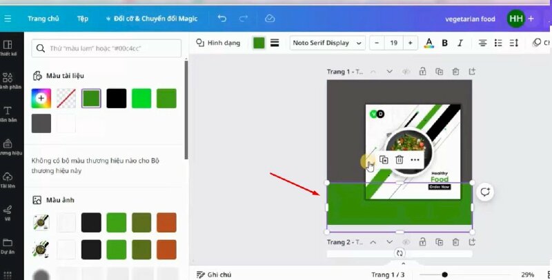 Bước 11: Sau đó bấm vào thành phần > chọn hình vuông này để thêm vào thiết kế > Thực hiện kéo điều chỉnh và đổi màu và lùi về sau 1 lớp.  