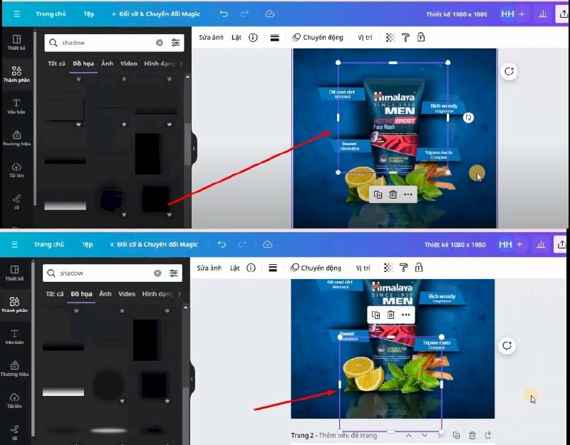Bước 13: Sau đó hãy vào thành phần > Bấm tìm kiếm từ khóa "shadow" > Bấm qua mục Đồ họa > Chọn mẫu này để thêm vào thiết kế > Kéo điều chỉnh kích thước, di chuyển đến vị trí này, và thực hiện bấm lùi về sau. Nhấn tạo bản sao, di chuyển xuống vị trí dưới này, rồi hãy kéo điều chỉnh kích thước cho phù hợp. 