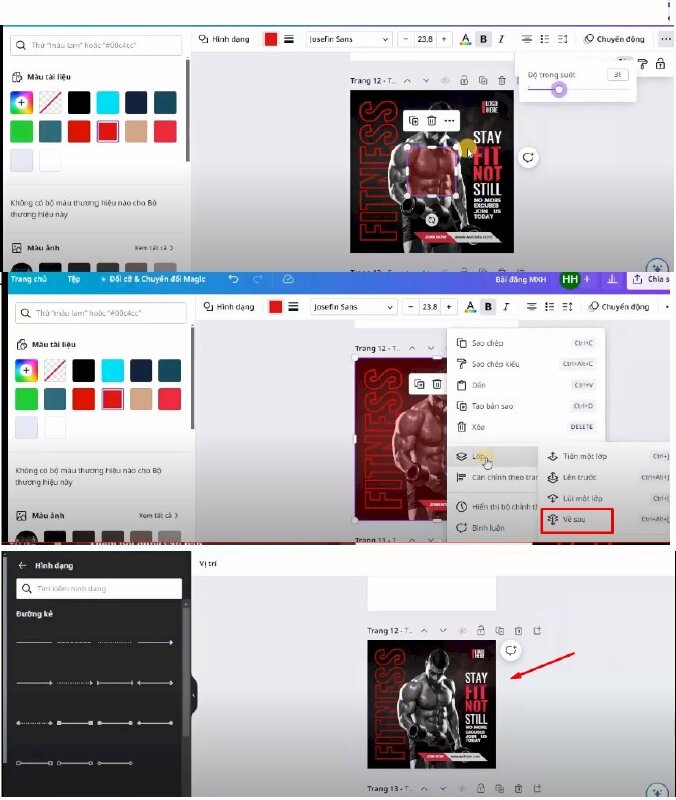 Bước 13: Cuối cùng hãy bấm thêm hình vuông vào thiết kế > Bấm đổi màu thành màu đỏ #D10317 > Điều chỉnh độ trong suốt về 31 > thực hiện kéo to ra và bấm lùi về sau.